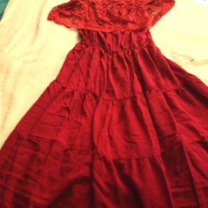 Red lace off shoulder midi dress